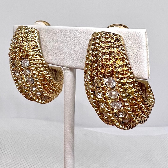 Vintage Louis Dell ‘Olio Gold Plated Pave’ Rhinestone Clip On Earrings EUC - Picture 3 of 11
